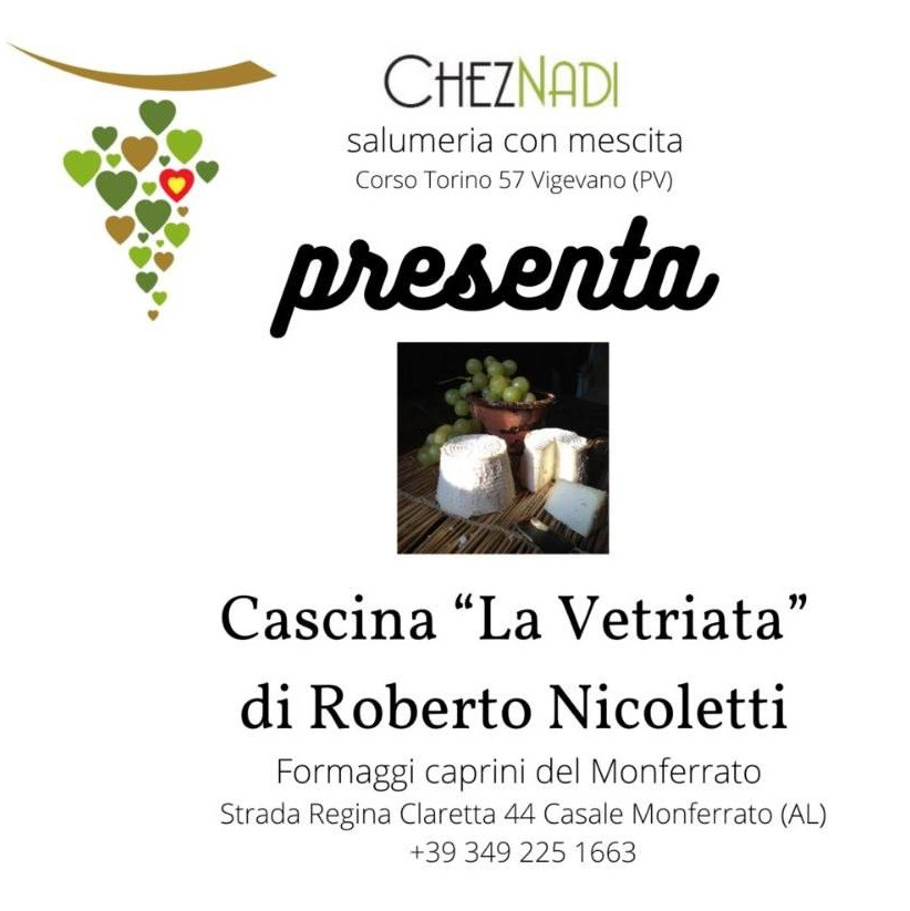 Locandina dell'evento di presentazione dei formaggi di Roberto Nicoletti della Cascina Vetriata da Chez Nadi domenica 25 ottobre 2026 alle ore 13
